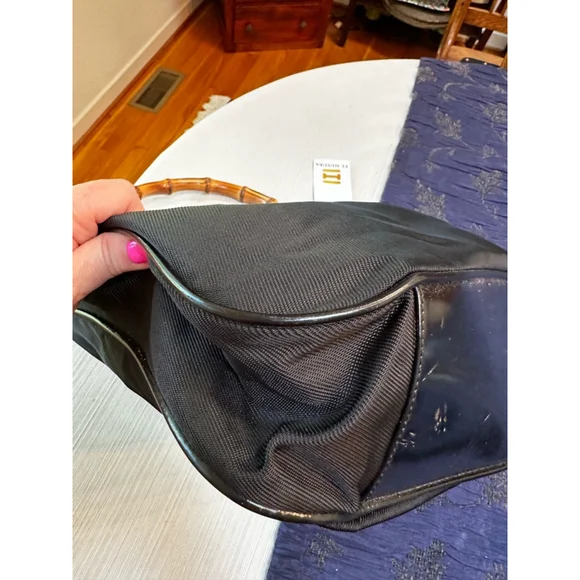 Gucci Black Nylon & Patent Leather Shoulder Bag w/ Bamboo Handle - Picture 7 of 16